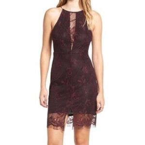 ASTR The Label Burgundy Lace Halter Fringe Hem Cocktail Dress Romantic Cocktail